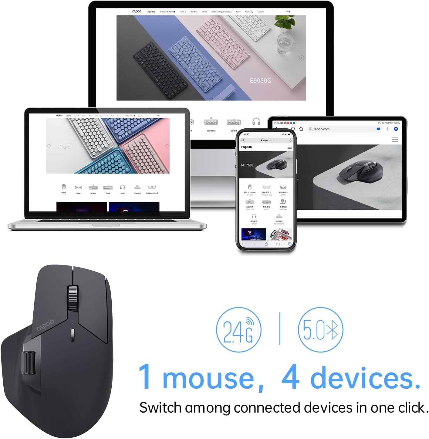 RAPOO MT760 Wireless Bluetooth Mouse - Bluetooth 5.0/2.4GHz Multi-Mode Connection Multi-Device Computer Mouse, M+ Cross Computer Technology, 11 Programmable Buttons, 90 Days Battery Life, Black