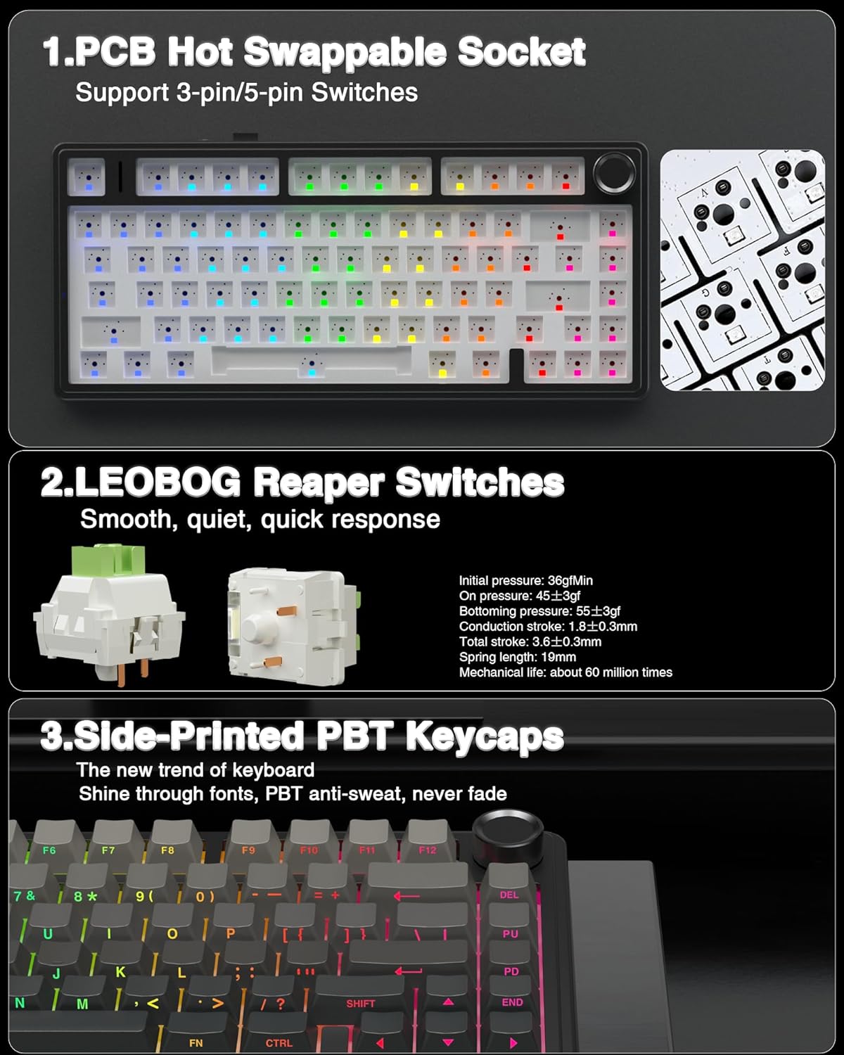 Keyboard components including PCB hot swappable socket, LEOBOG Reaper switches, and side-printed PBT keycaps on a black background.