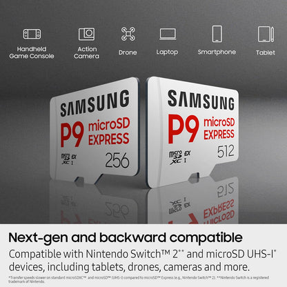 Carte mémoire microSD Express Samsung P9 Express microSDXC – Jusqu'à 800 Mo/s, U3, C10