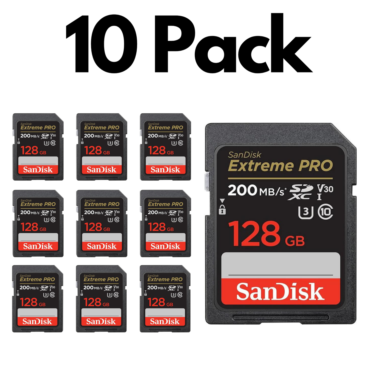 10 Pack SanDisk Extreme PRO SDXC UHS-I, Bulk SD Cards for Professional Photography and 4K Video-128GB