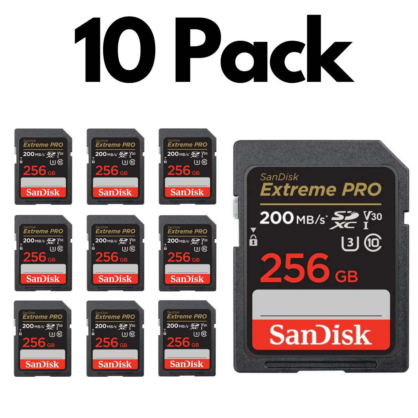 10 Pack SanDisk Extreme PRO SDXC UHS-I, Bulk SD Cards for Professional Photography and 4K Video-256GB