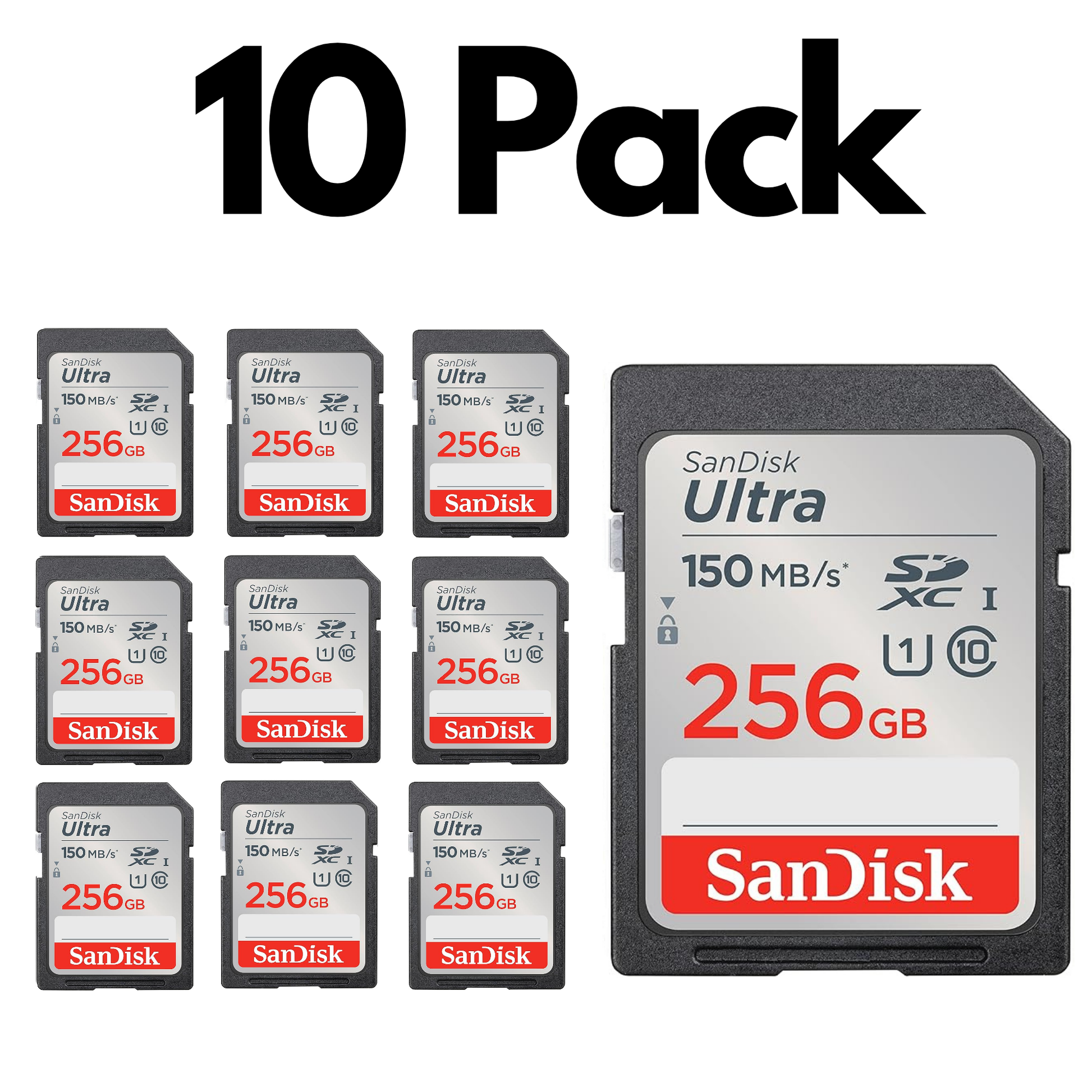 10 Pack SanDisk Extreme SDXC UHS-I, Bulk SD Cards for DSLR Cameras, 4K Video and Photography-256GB