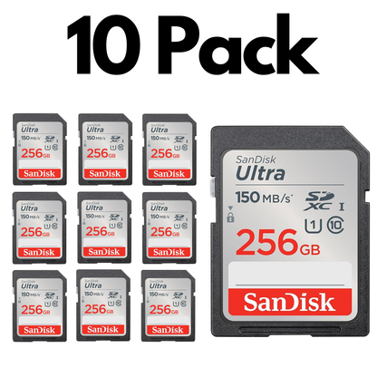 10 Pack SanDisk Extreme SDXC UHS-I, Bulk SD Cards for DSLR Cameras, 4K Video and Photography-256GB