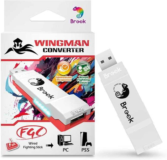 Brook Wingman FGC Converter arcade joystick adapter designed for PS5 fighting games, supporting Street Fighter 6 and other titles