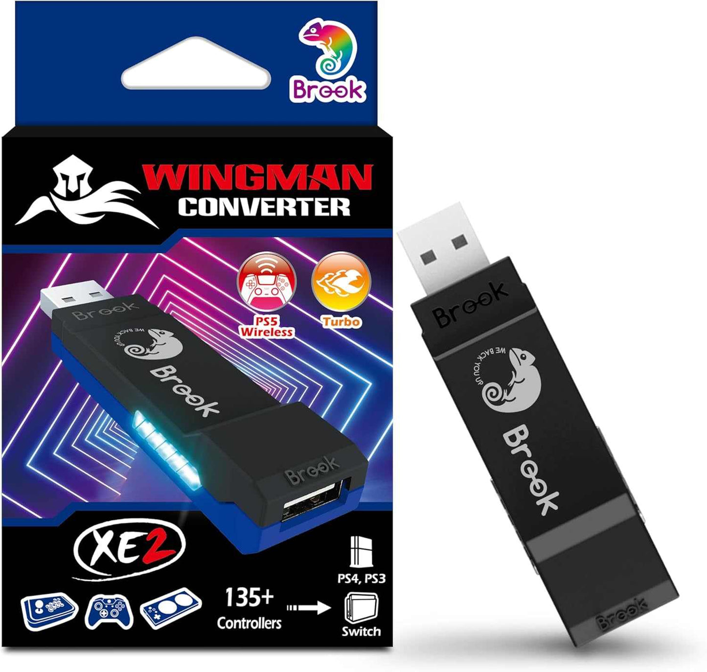 Brook Wingman XE-2 Two-in-One Wireless Controller Adapter compatible with PlayStation, Nintendo Switch Consoles, and PC, featuring Remap and Adjustable Turbo