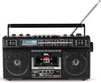 QFX Rerun X cassette player boombox with 4-band radio, Bluetooth connectivity, MP3 converter, and J-220BT model in black