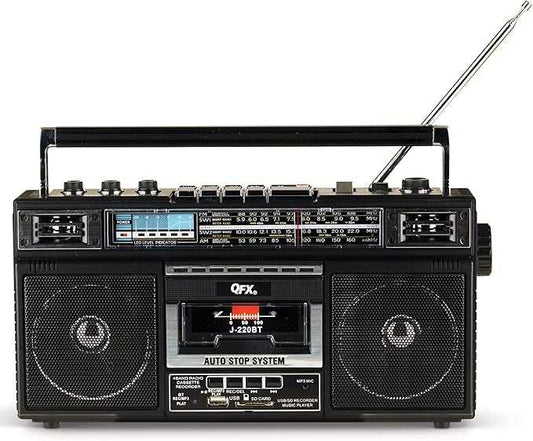 QFX Rerun X cassette player boombox with 4-band radio, Bluetooth connectivity, MP3 converter, and J-220BT model in black