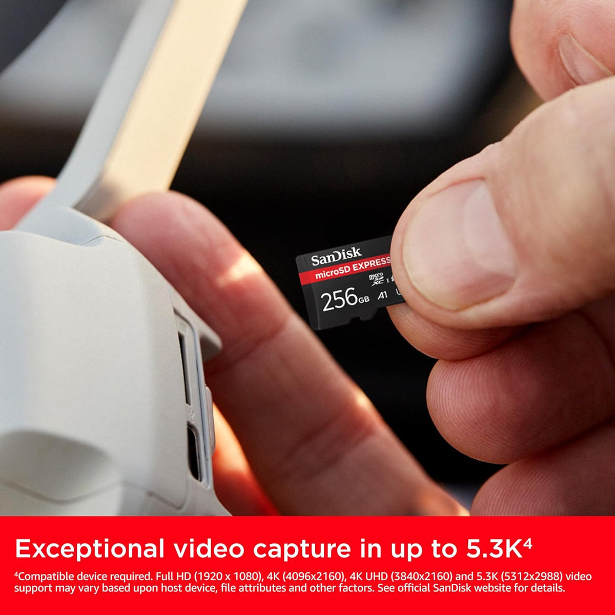 Express 256GB microSDXC – card being inserted into a camera for 5.3K video capture