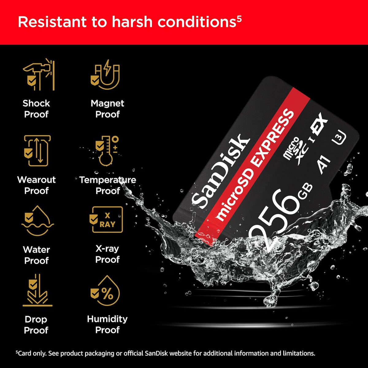 Express 256GB microSDXC – durability infographic showing shockproof, waterproof and temperature-proof features
