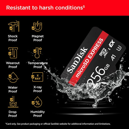 Express 256GB microSDXC – durability infographic showing shockproof, waterproof and temperature-proof features