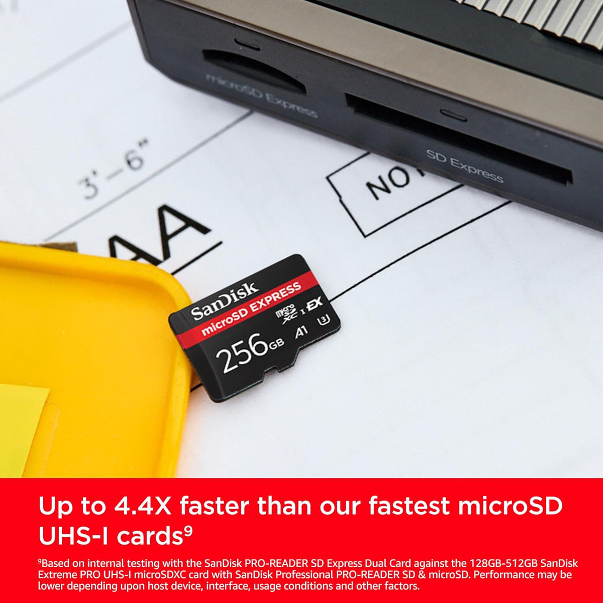 Express 256GB microSDXC – card beside a laptop with speed comparison callout