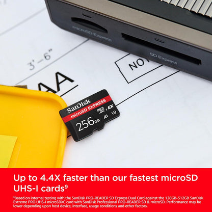 Express 256GB microSDXC – card beside a laptop with speed comparison callout