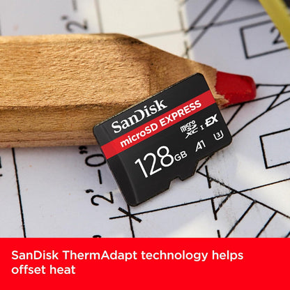 Express 128GB microSDXC – card on blueprints with ThermAdapt heat management callout