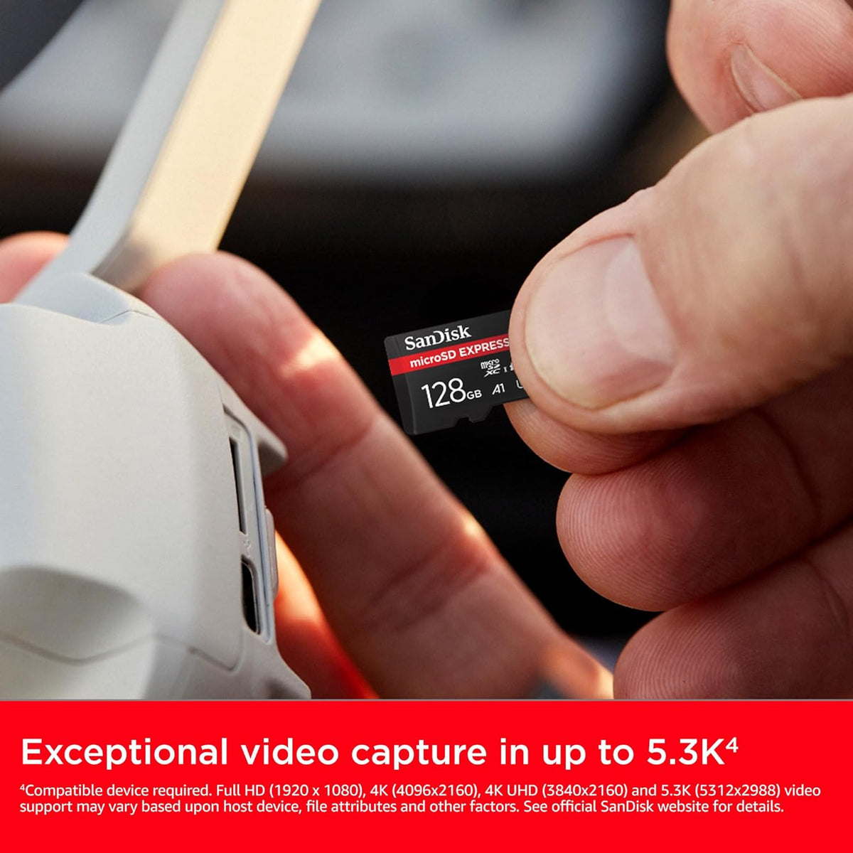 Express 128GB microSDXC – card being inserted into a camera for 5.3K video capture