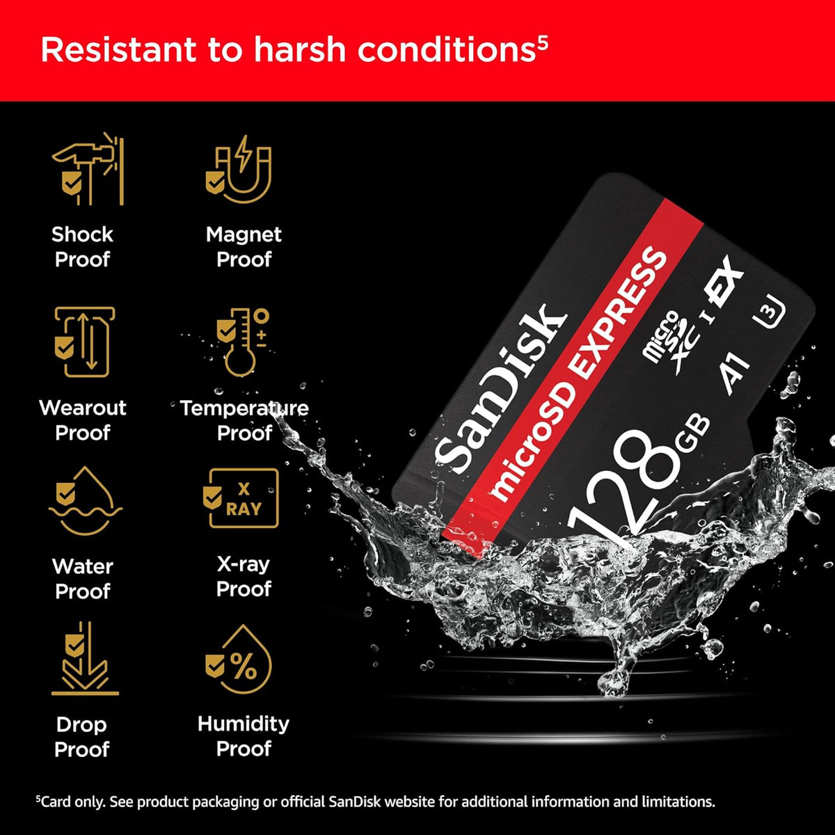 Express 128GB microSDXC – durability infographic showing shockproof, waterproof and temperature-proof features