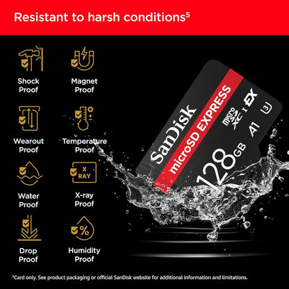 Express 128GB microSDXC – durability infographic showing shockproof, waterproof and temperature-proof features