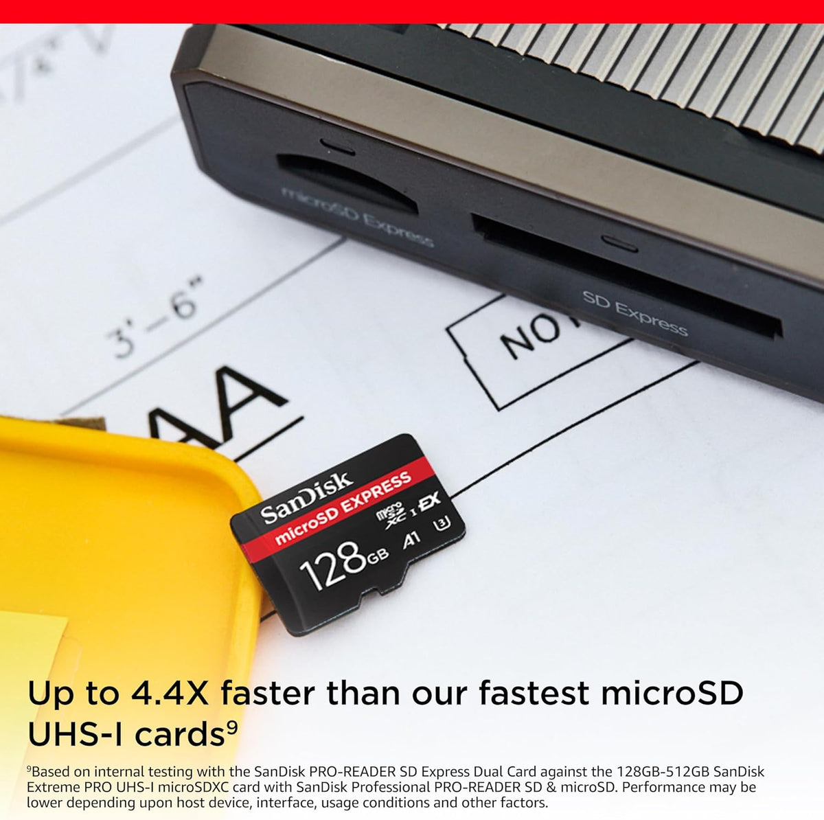 Express 128GB microSDXC – card beside a laptop with speed comparison callout