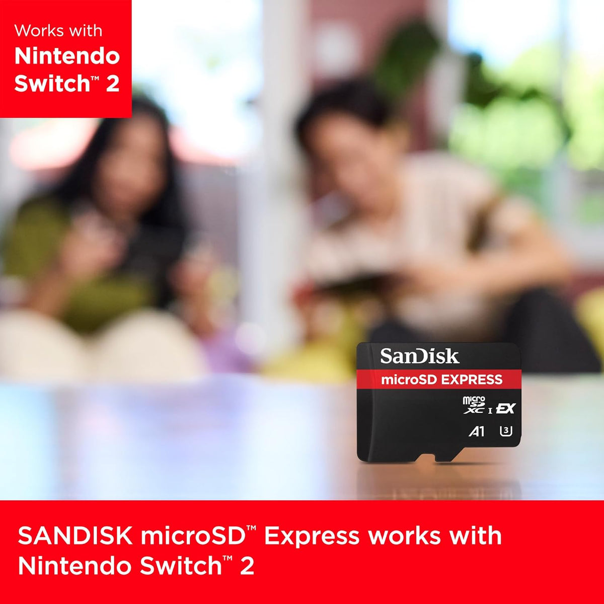 Express microSDXC – card in front of friends playing Nintendo Switch 2