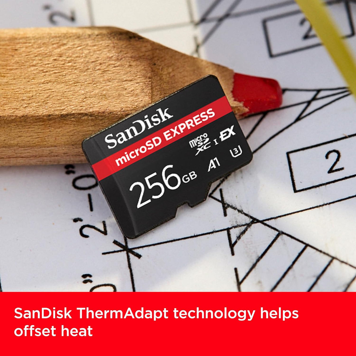 Express 256GB microSDXC – card on blueprints with ThermAdapt heat management callout
