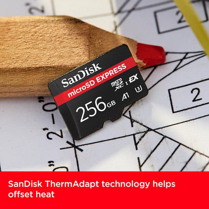 Express 256GB microSDXC – card on blueprints with ThermAdapt heat management callout