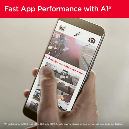Extreme microSD card – A1 app performance shown on a smartphone