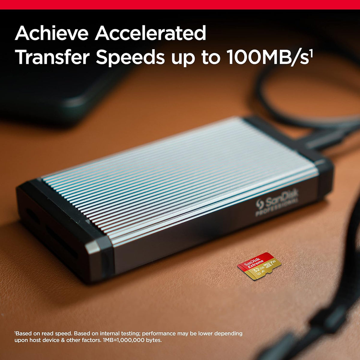 Extreme microSD card – card beside a SanDisk QuickFlow card reader with transfer speed callout