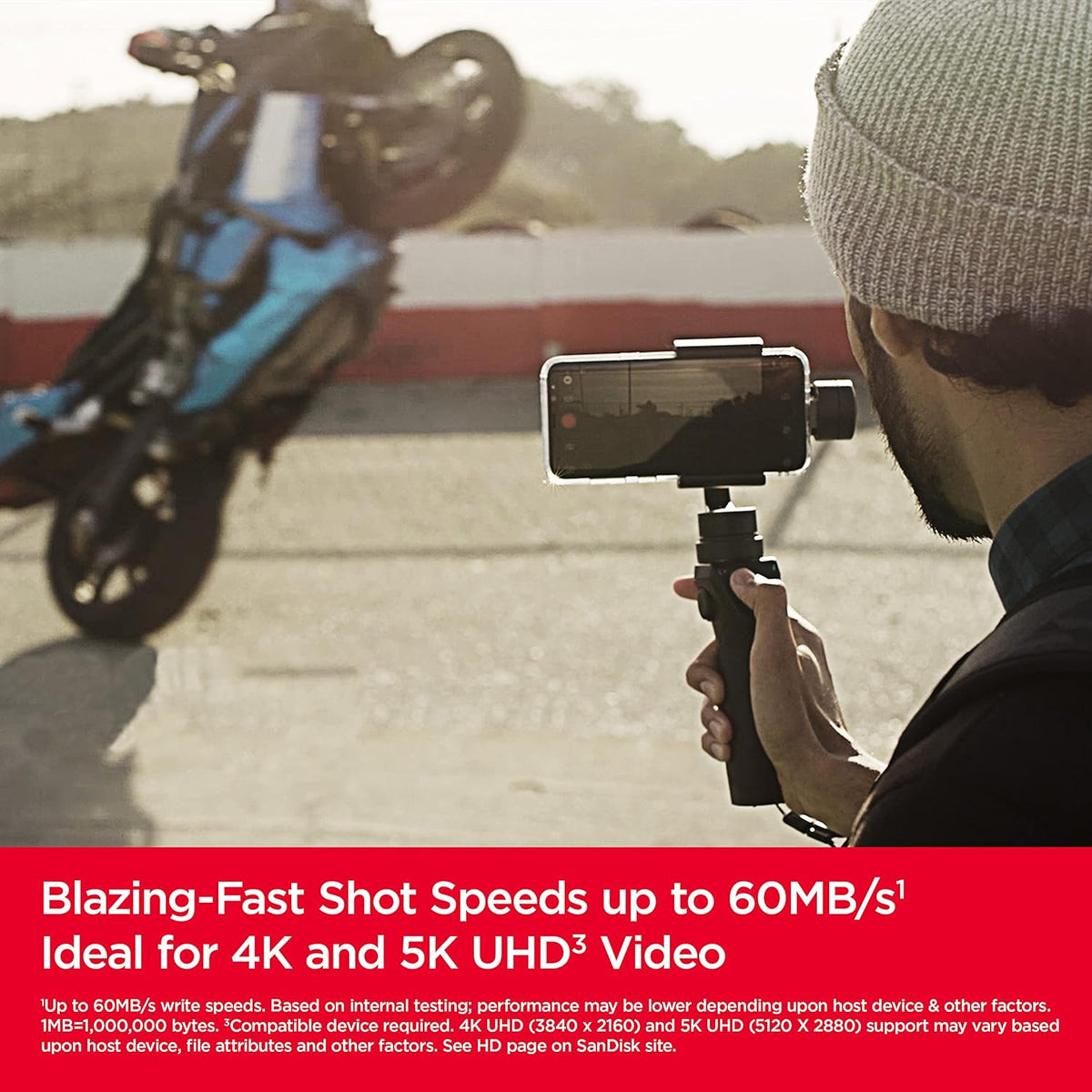 Extreme microSD card – creator filming a motorcycle stunt on a smartphone gimbal in 4K