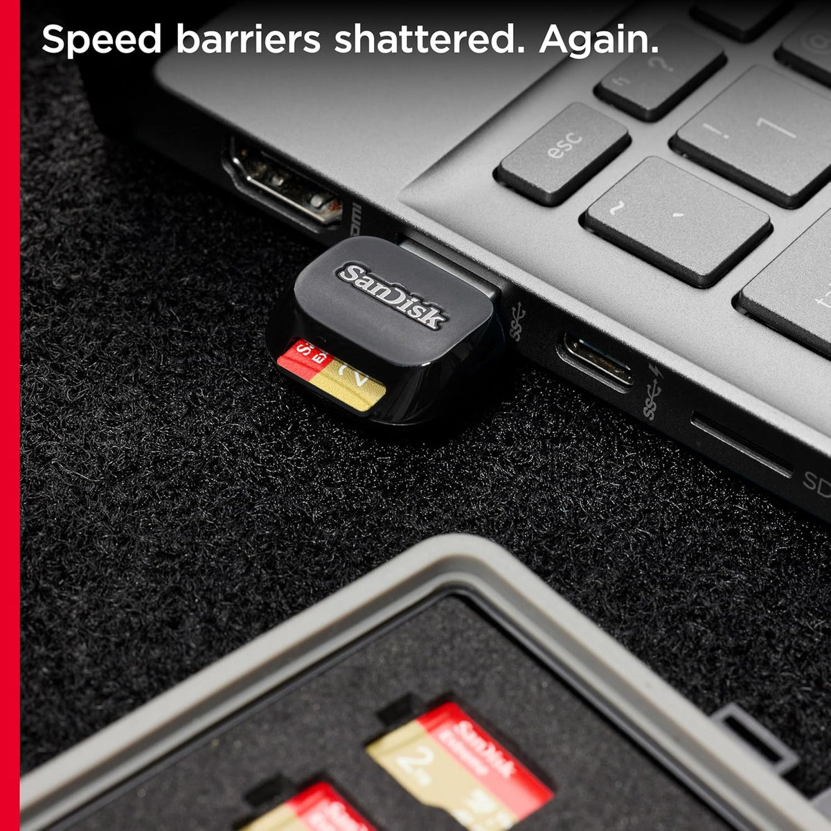 Extreme microSD card – card in a card reader plugged into a laptop