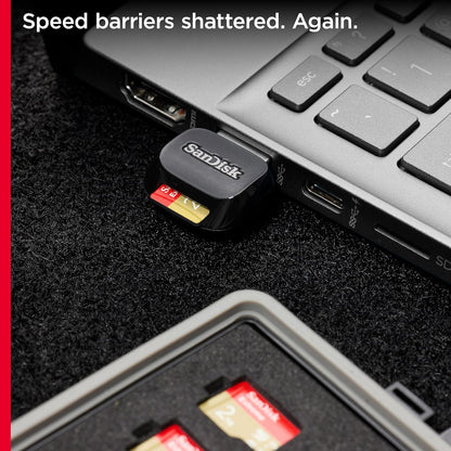 Extreme microSD card – card in a card reader plugged into a laptop