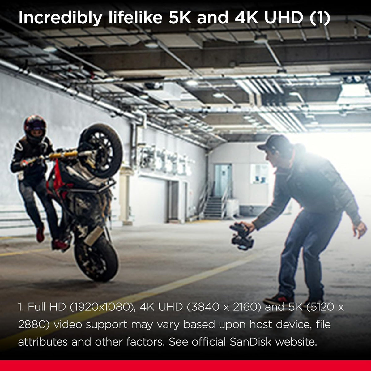 Extreme microSD card – creator filming a motorcycle stunt in 5K and 4K UHD