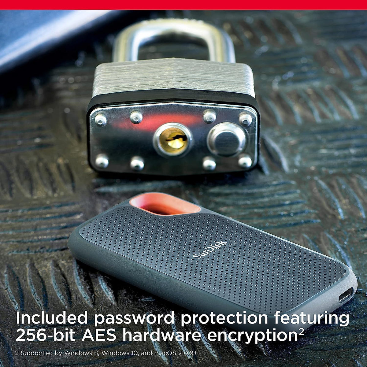 Extreme portable SSD – drive beside a padlock showing 256-bit AES hardware encryption