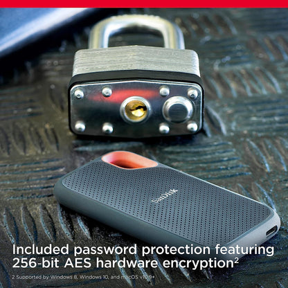 Extreme portable SSD – drive beside a padlock showing 256-bit AES hardware encryption