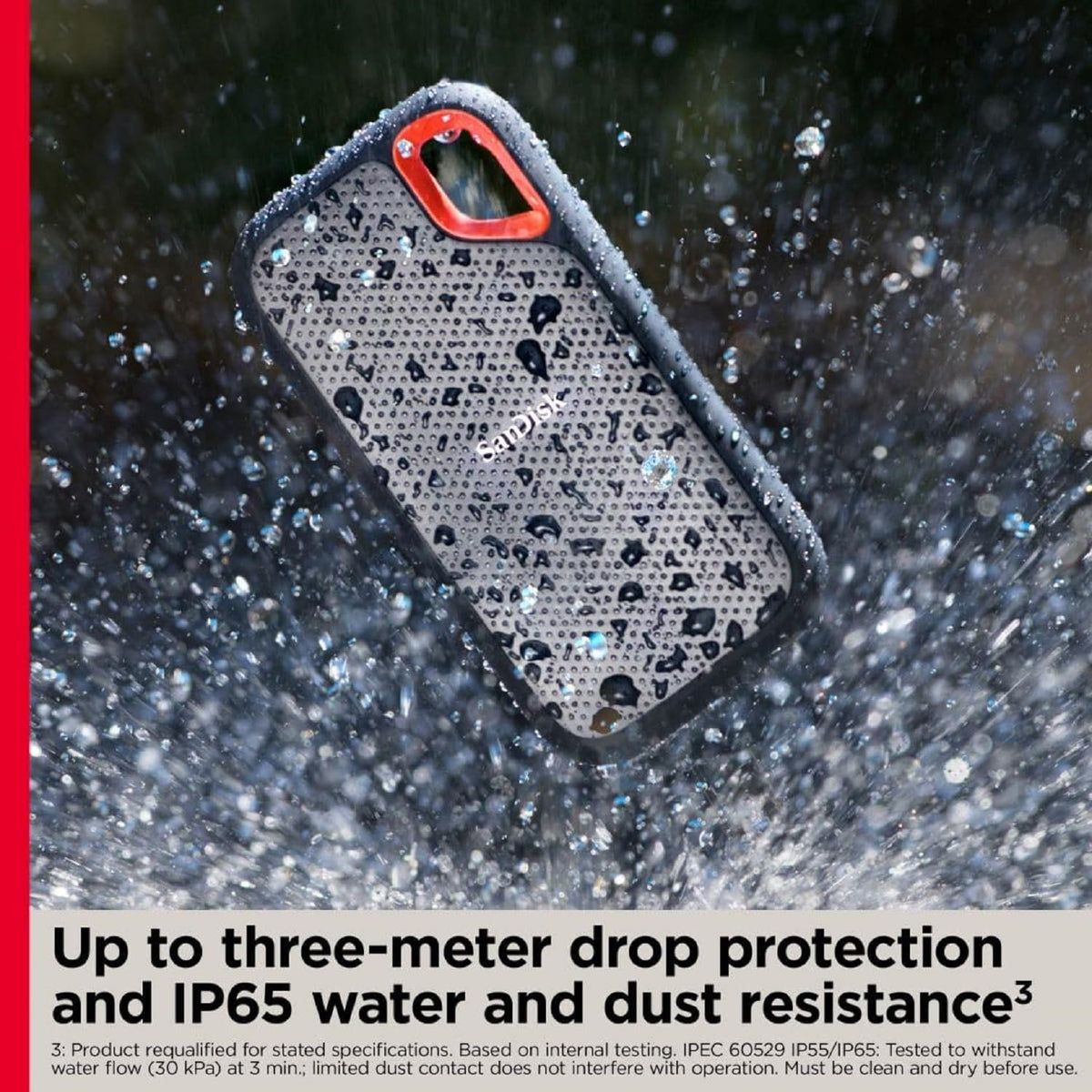 Extreme portable SSD – drive in the rain showing drop protection and IP65 water and dust resistance