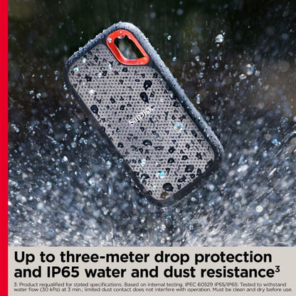 Extreme portable SSD – drive in the rain showing drop protection and IP65 water and dust resistance