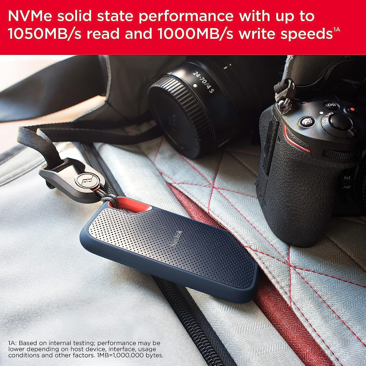 Extreme portable SSD – drive clipped to a camera bag with read and write speed callout
