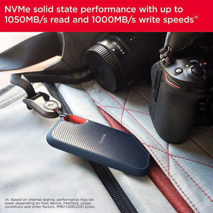 Extreme portable SSD – drive clipped to a camera bag with read and write speed callout