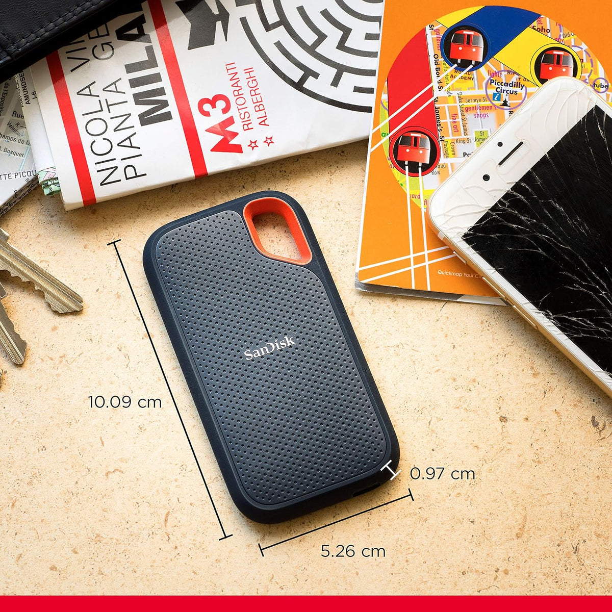 Extreme portable SSD – drive on a desk with dimensions