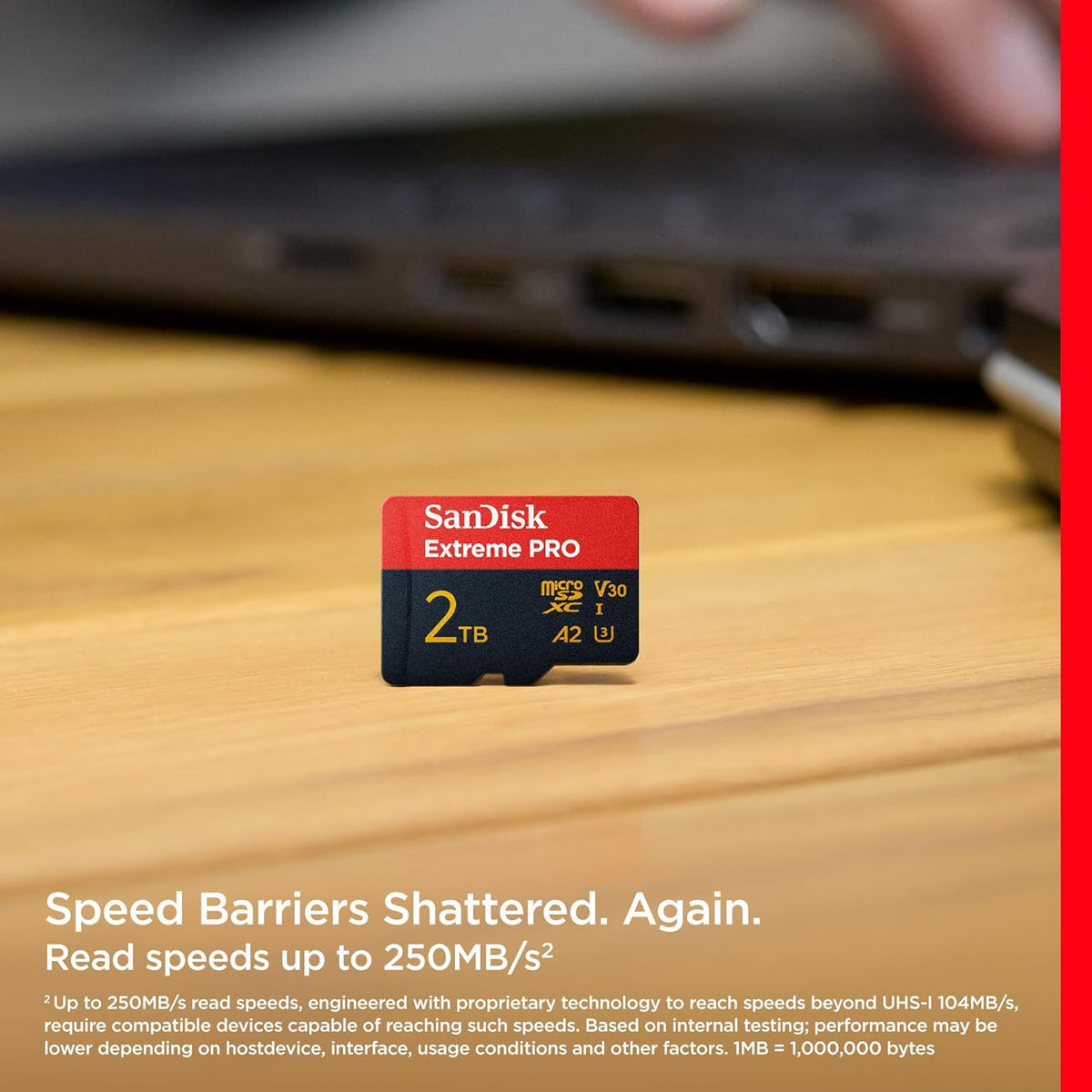 Extreme PRO 2TB microSDXC – card on a desk with read speed callout