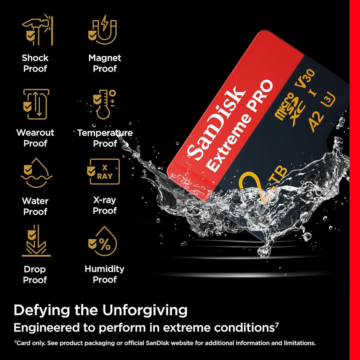 Extreme PRO 2TB microSDXC – durability infographic showing shockproof, waterproof and temperature-proof features