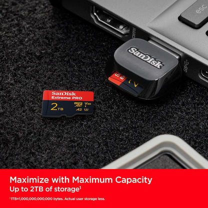 Extreme PRO 2TB microSDXC – card next to a card reader plugged into a laptop