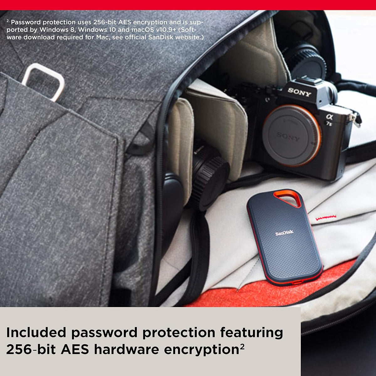 Extreme PRO portable SSD – drive beside a camera in a bag, 256-bit AES hardware encryption