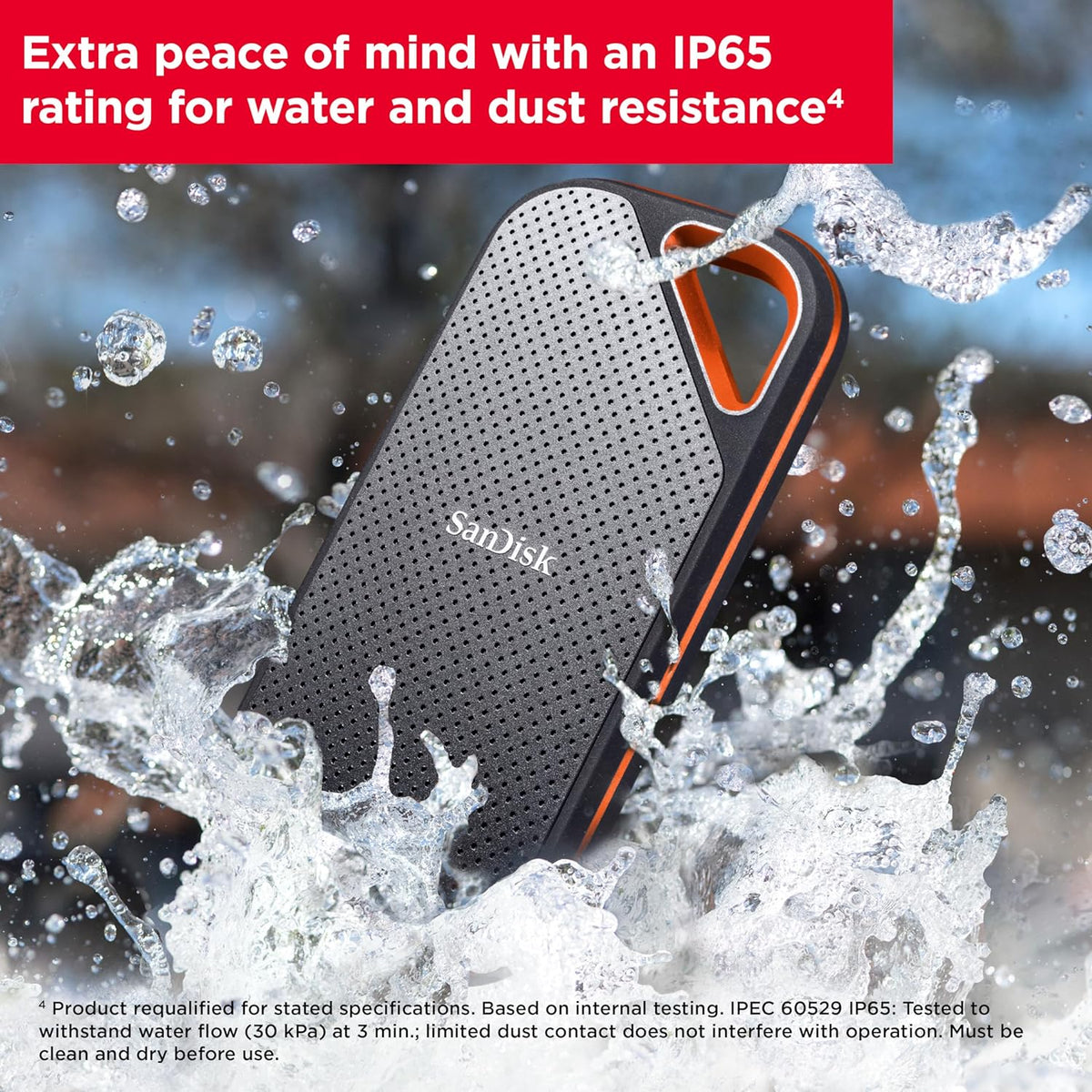 Extreme PRO portable SSD – drive splashed with water showing IP65 water and dust resistance