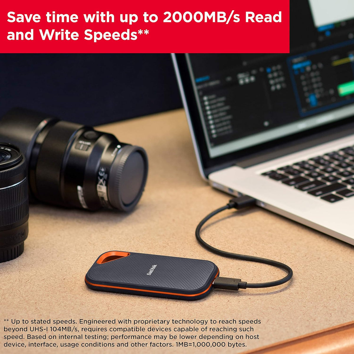 Extreme PRO portable SSD – drive connected to a laptop with read and write speed callout