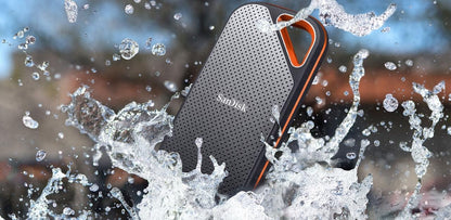 Extreme PRO portable SSD – drive splashed with water showing water resistance