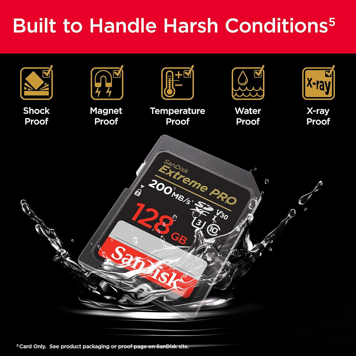 Extreme PRO 128GB SDXC – durability infographic showing shockproof, waterproof and temperature-proof features