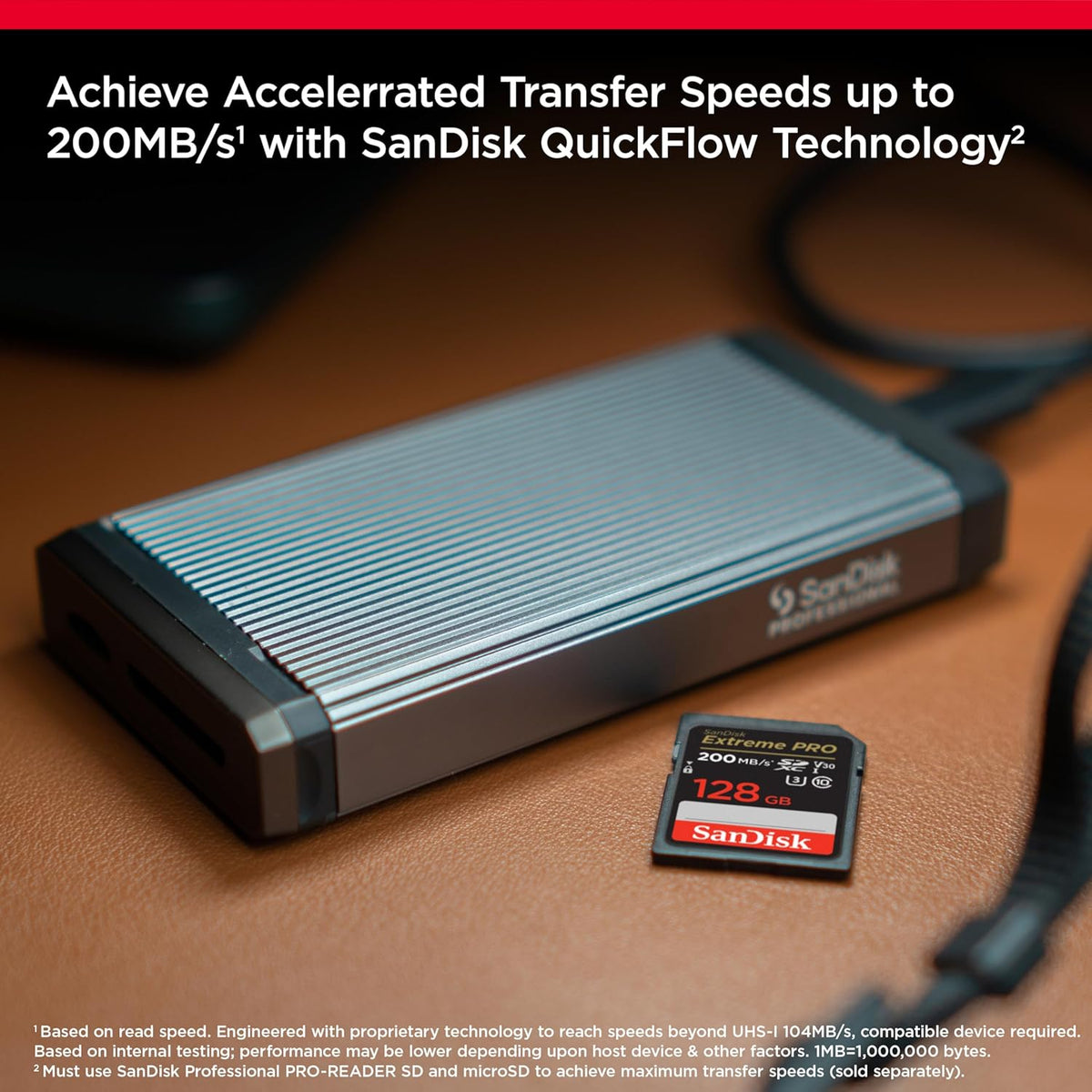 Extreme PRO SD card – card beside a SanDisk QuickFlow card reader with transfer speed callout