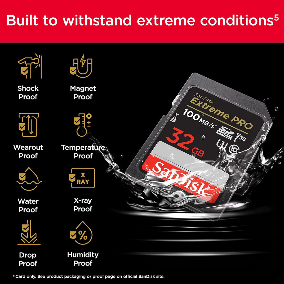 Extreme PRO 32GB SDHC – durability infographic showing shockproof, waterproof and temperature-proof features