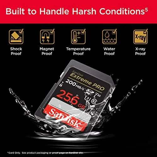 Extreme PRO 256GB SDXC – durability infographic showing shockproof, waterproof and temperature-proof features