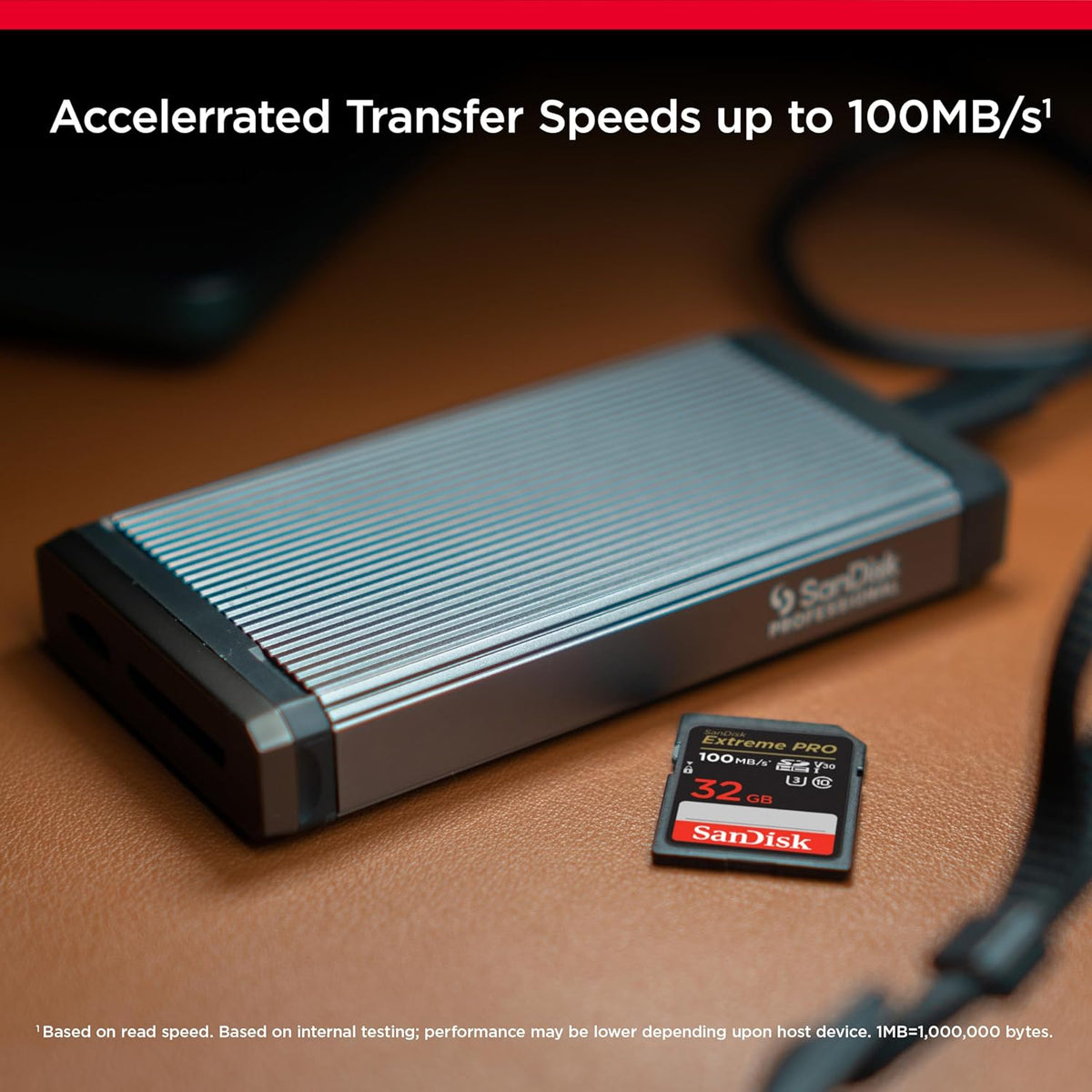 Extreme PRO SD card – card beside a SanDisk QuickFlow card reader with transfer speed callout