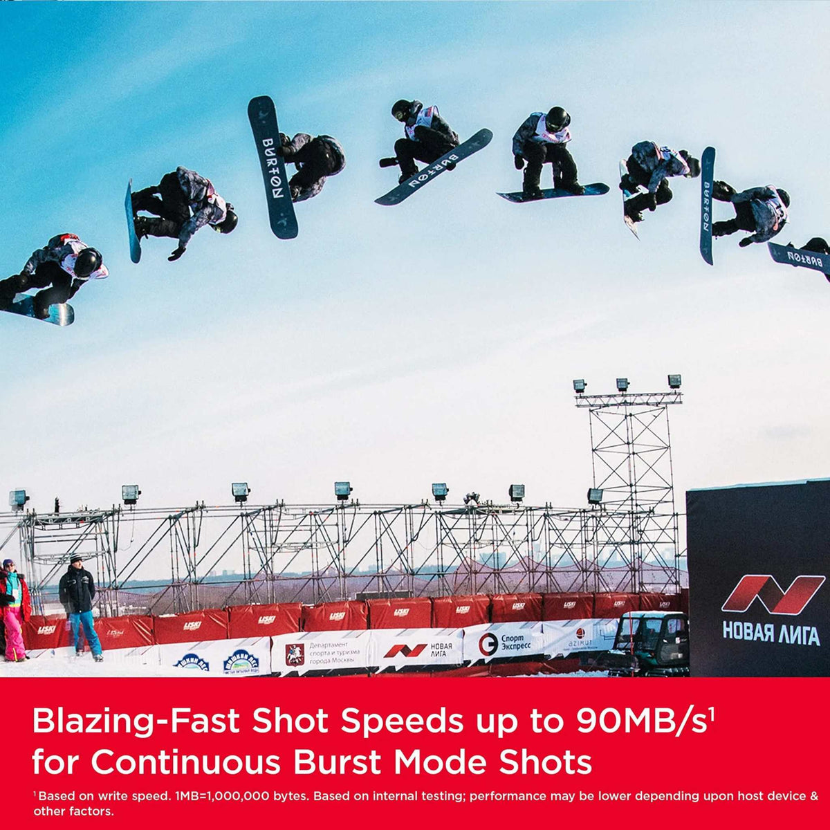 Extreme PRO SD card – burst mode photo of snowboarders mid-jump